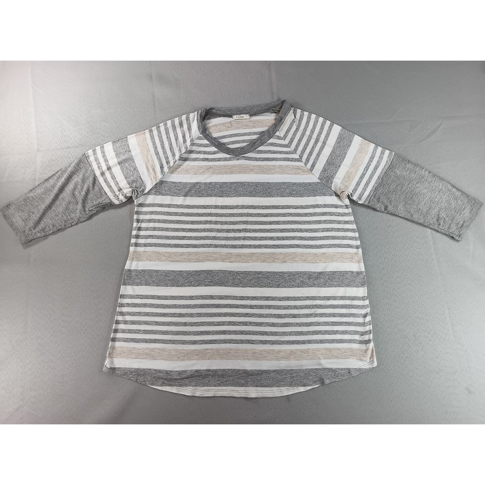 e.Luna Striped Raglan Sleeve Top Womens S Gray/Beige/White Cotton Blend Crewneck